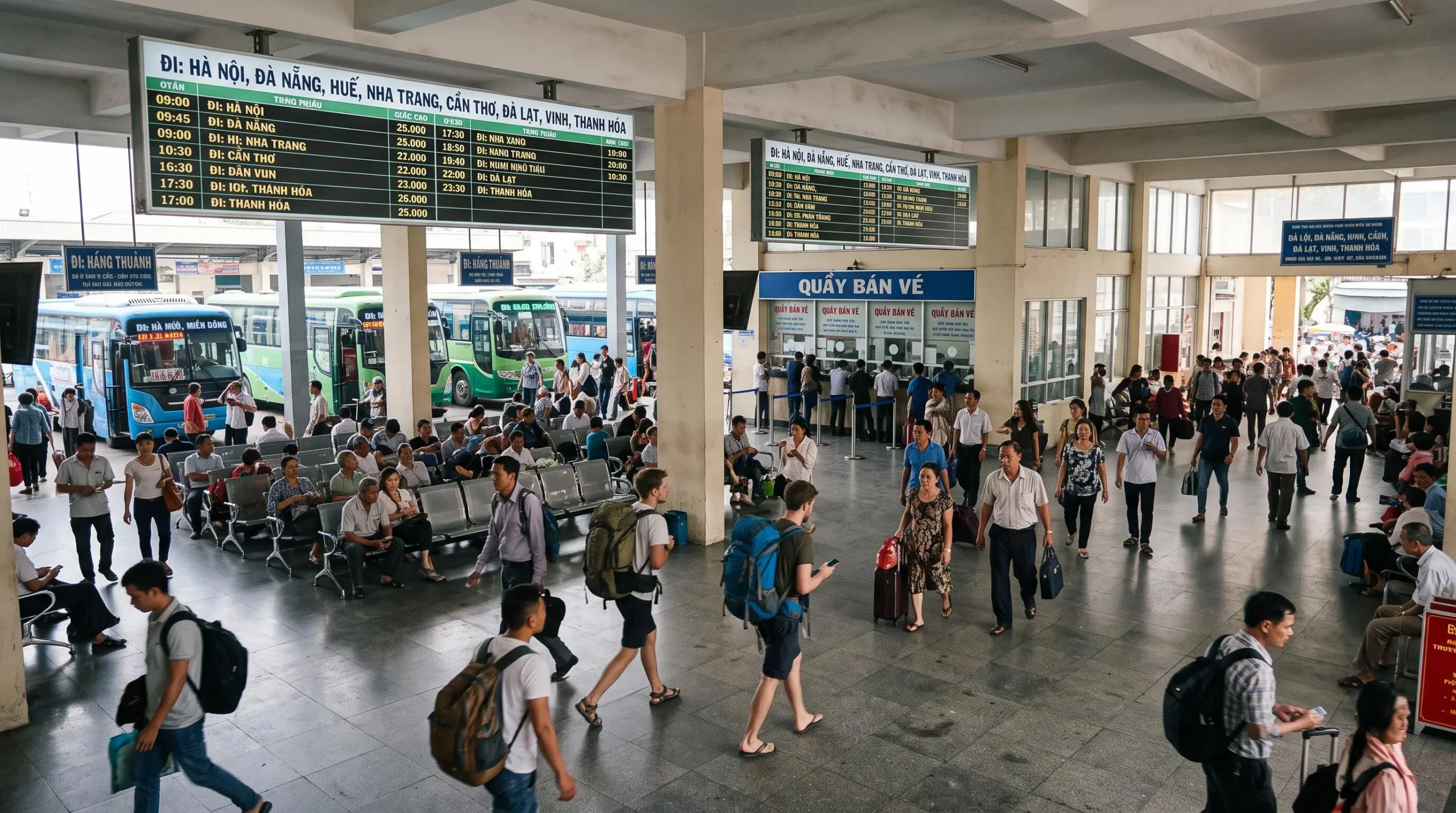 Vietnamese bus or train station with travelers and destination signs showing various cities