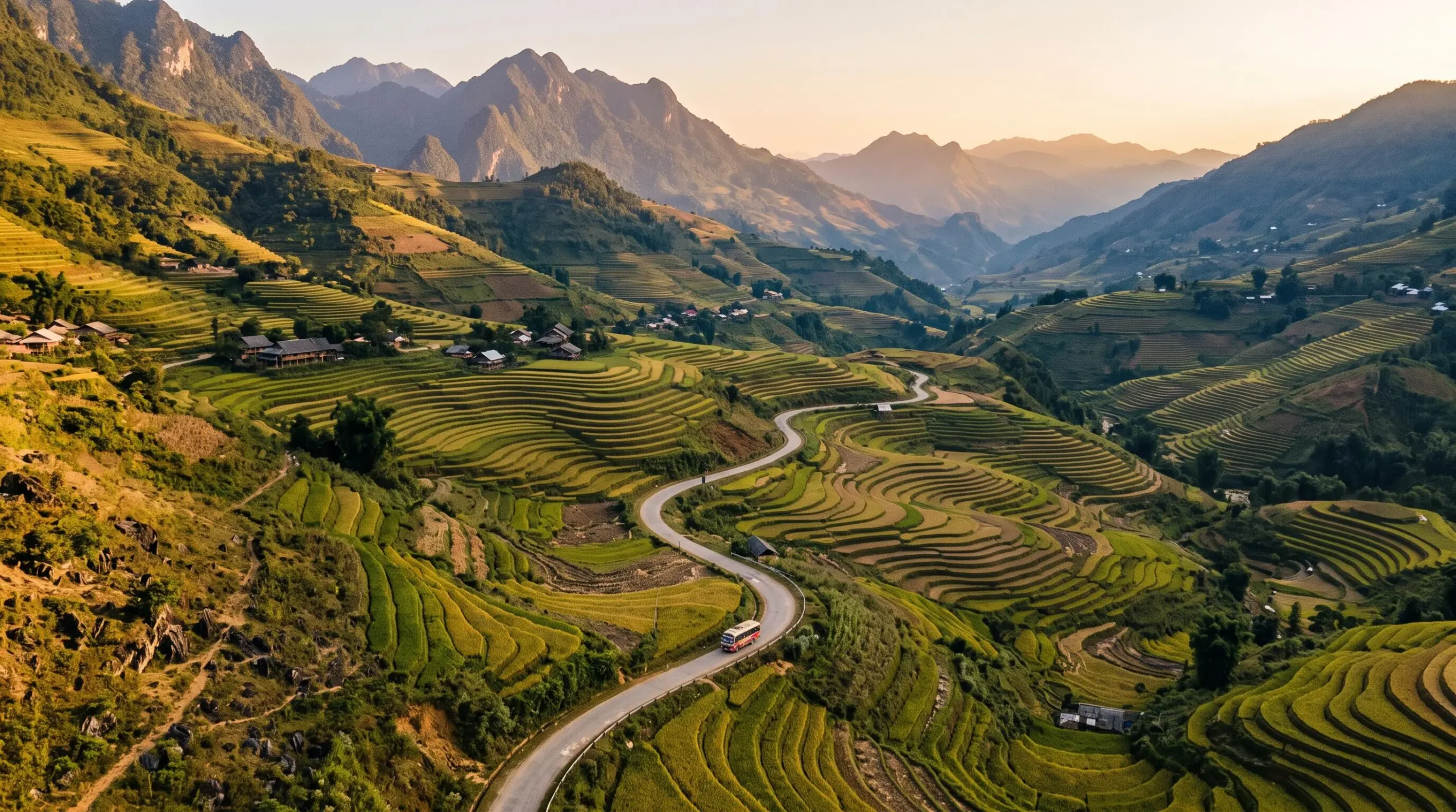 Aerial view of terraced rice fields in Northern Vietnam with a winding road cutting through the mountainous landscape