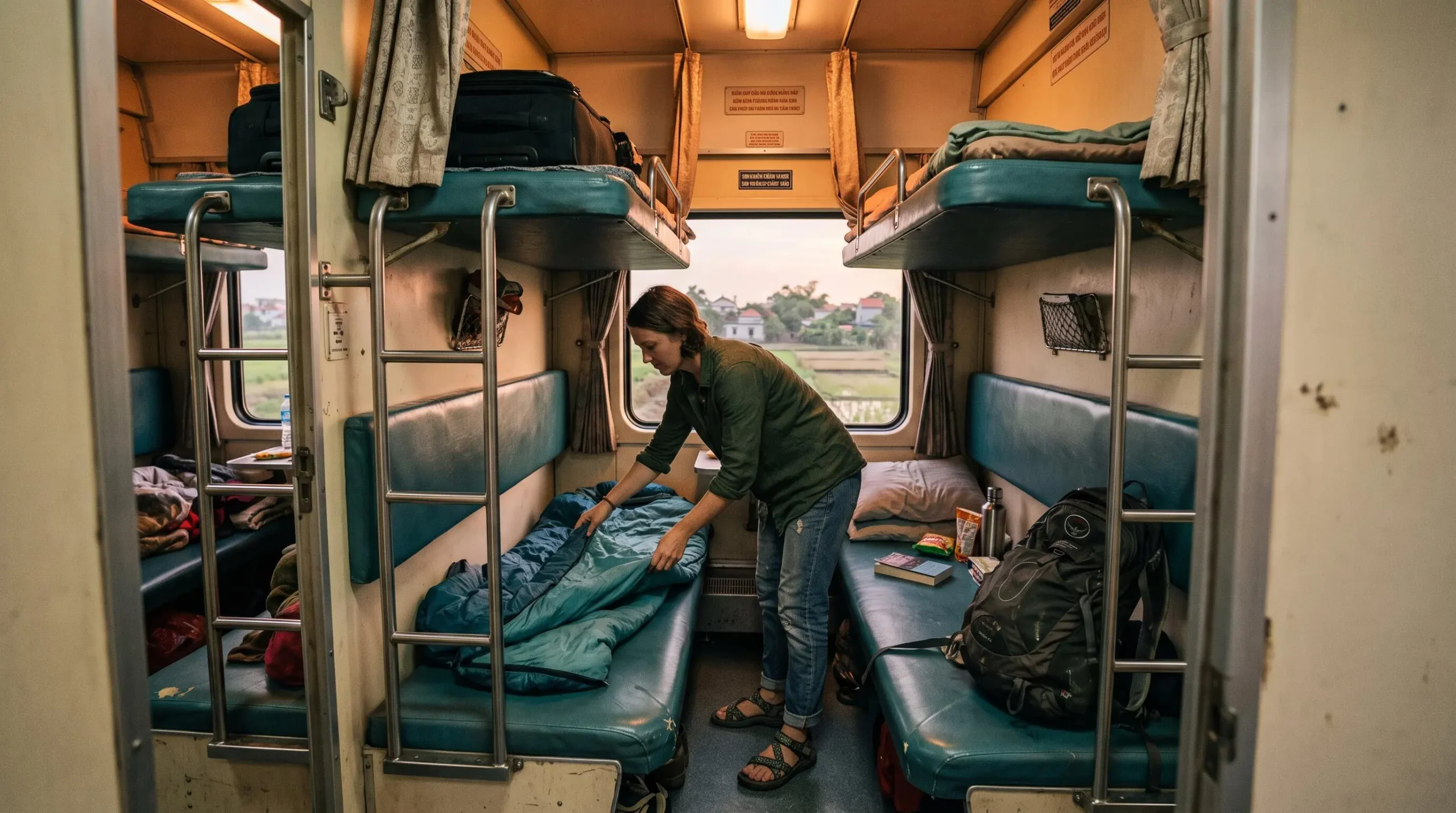 Interior of a Vietnamese overnight sleeper train compartment with traveler organizing belongings on a bunk bed