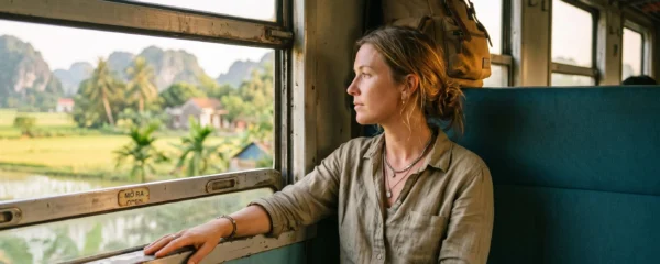 Traveler looking through the window of a Vietnamese long-distance train watching the countryside pass by