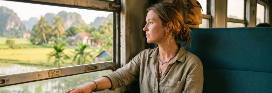 Traveler looking through the window of a Vietnamese long-distance train watching the countryside pass by
